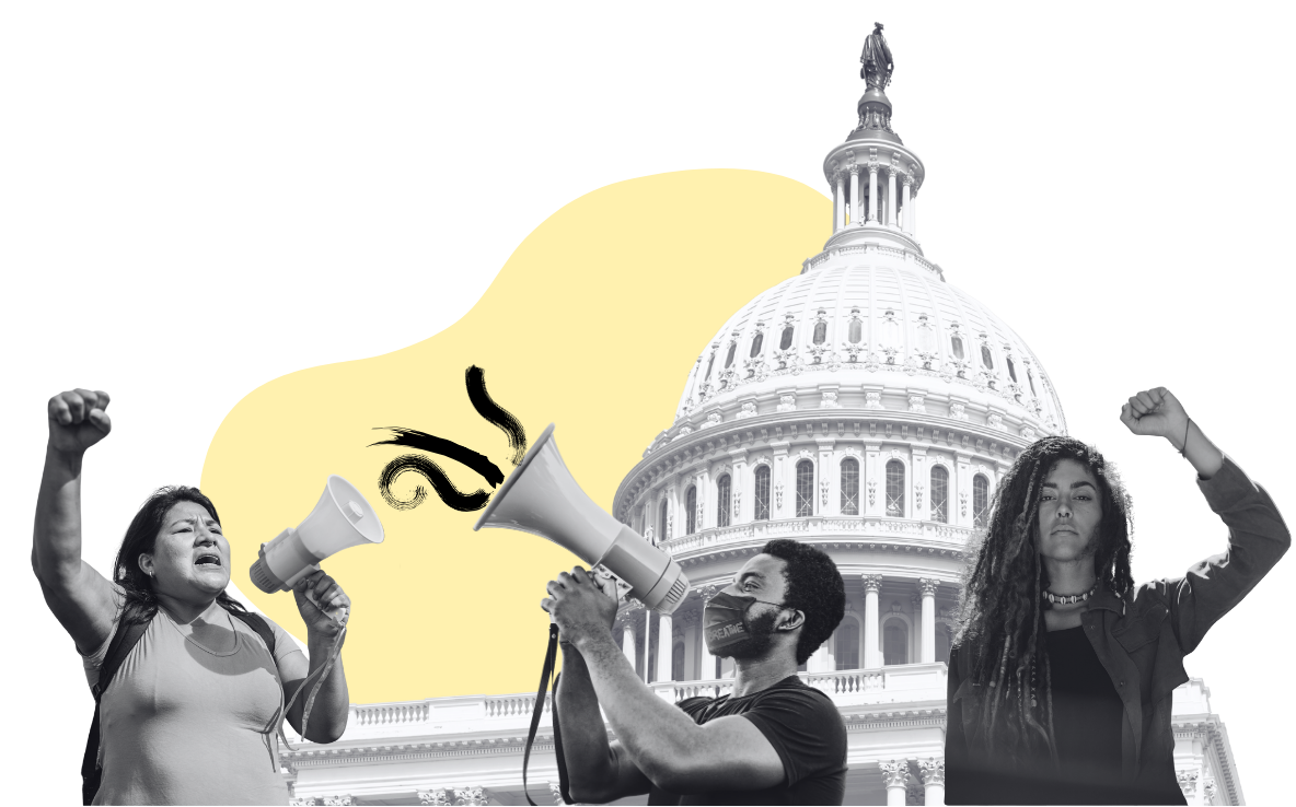 A collage of three organizers, in front of the U.S. Capitol Building. From left to right, the organizers are: first, a medium skin older woman wearing a backpack, with her right fist in the air. In her left hand, she is holding a megaphone and speaking into it. Second, a dark skin young man wearing a cloth mask over his nose and mouth, holding a megaphone with both hands up to his face. Third, a medium skin young woman with a serious expression on her face and holding her left fist up in the air.