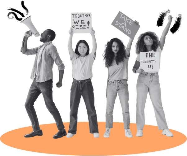 A black and white image of four young, multi-racial adults, all standing with their arms raised. One is holding and shouting into a megaphone, while the others are holding up protest signs.